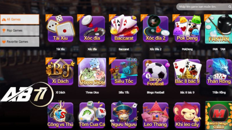 Sảnh RICH88 Game Bài Ab77 thiết kế giao diện đẹp